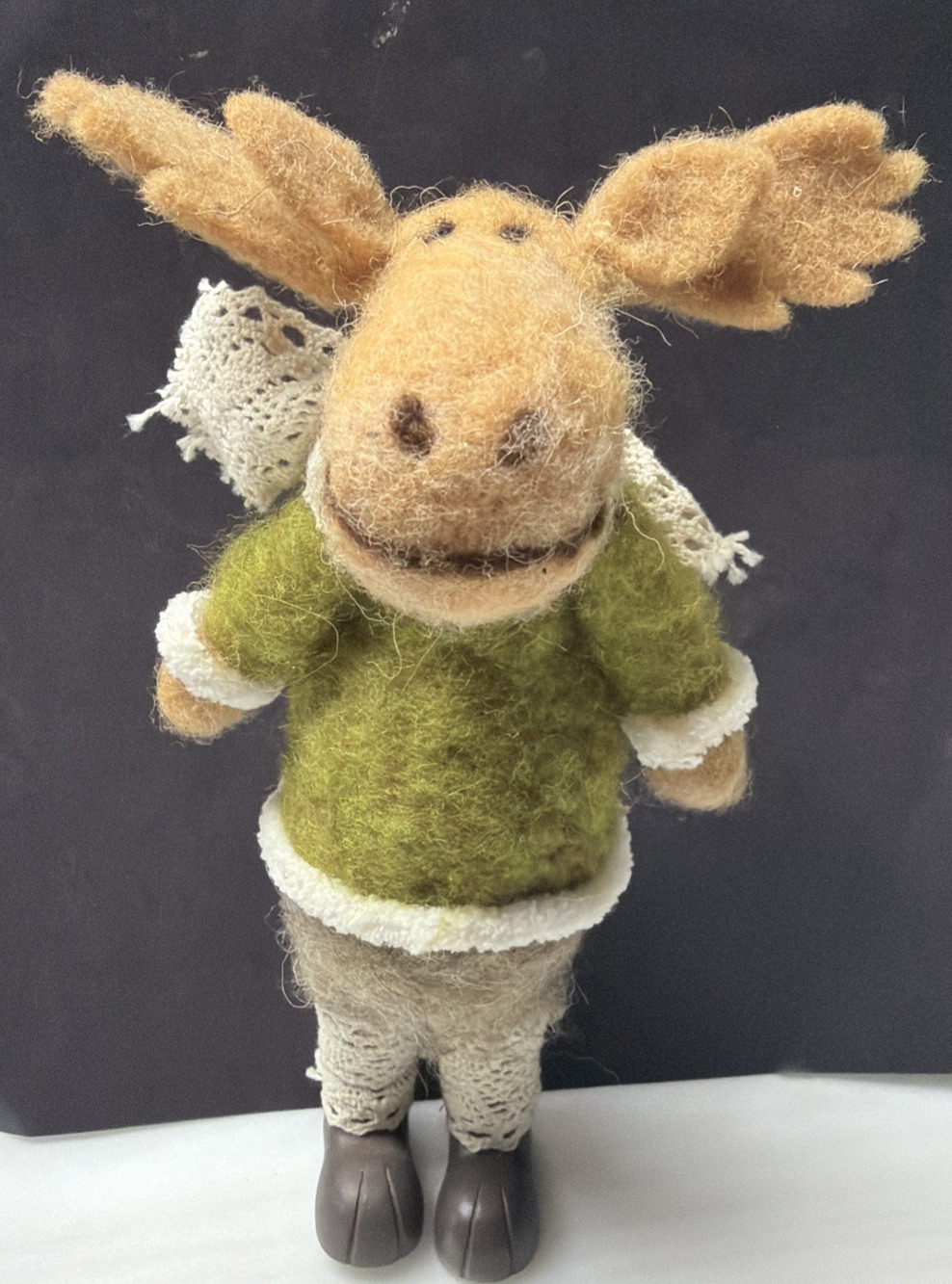 Felt Plush Christmas Moose Standing Green Sweater Lace Scarf Leggings As Is
